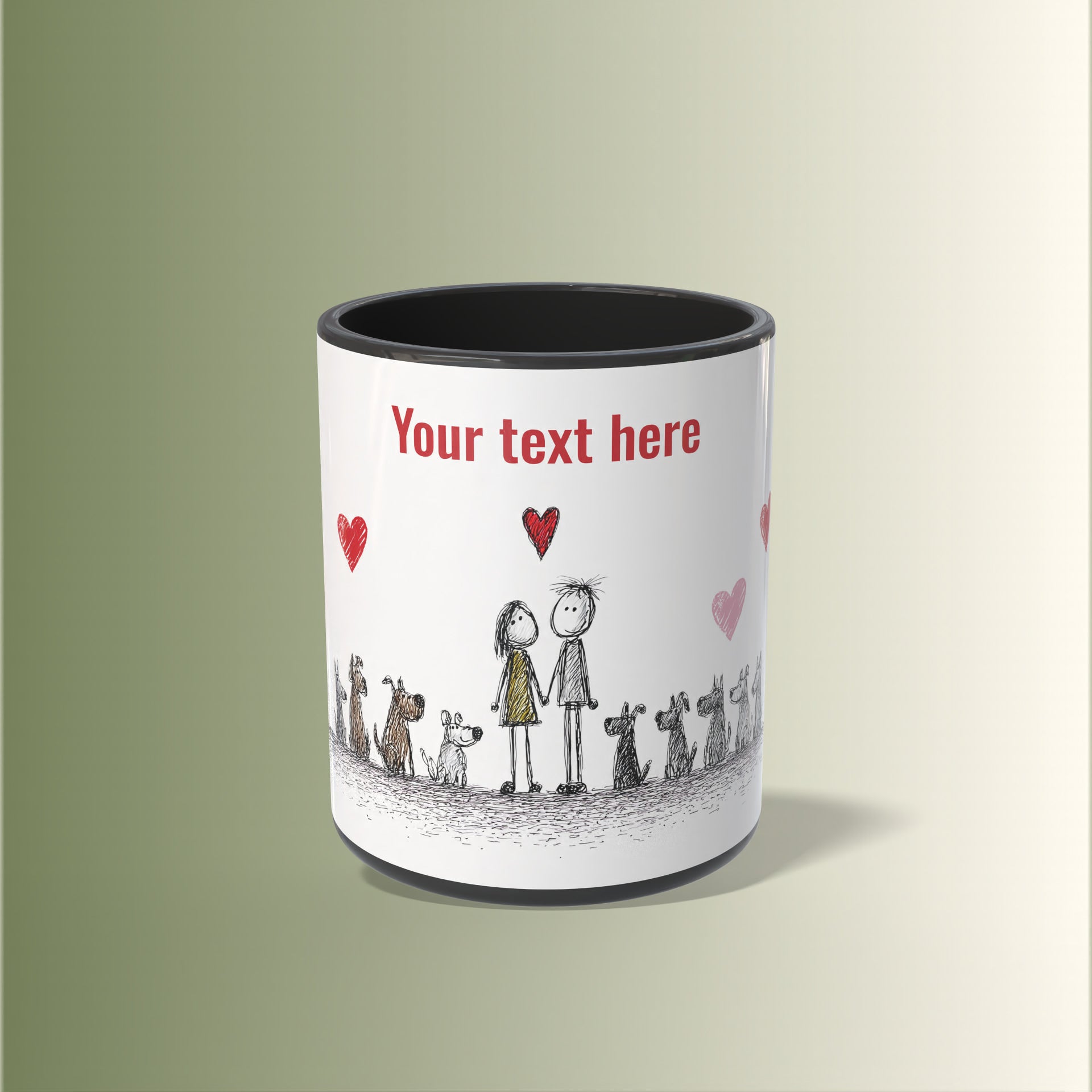Personalizable mug with stick figures and hearts on a white background