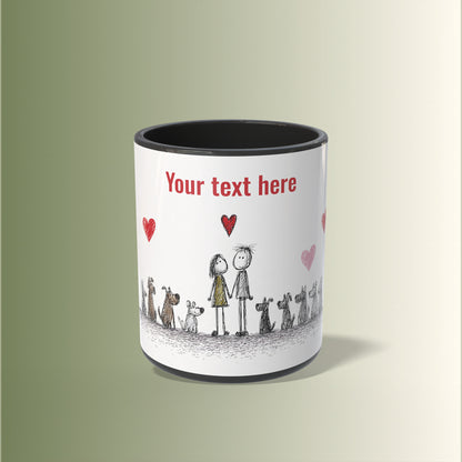Personalizable mug with stick figures and hearts on a white background
