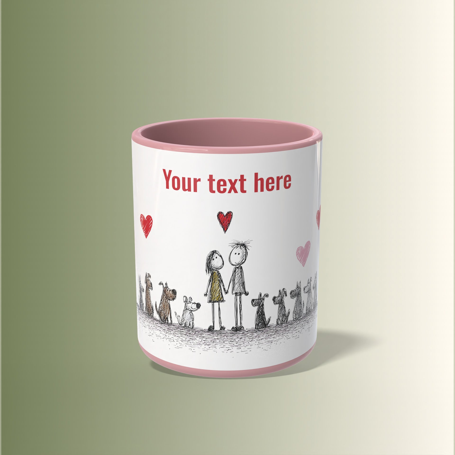 Personalizable mug with cartoon design and text space on a light green background