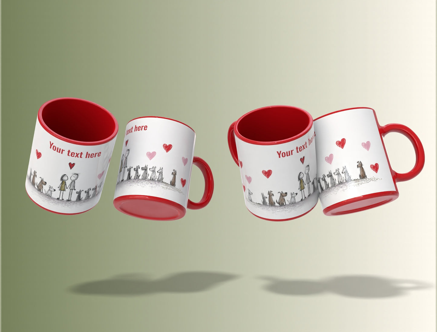 Two red and white mugs with printed designs on a light green background