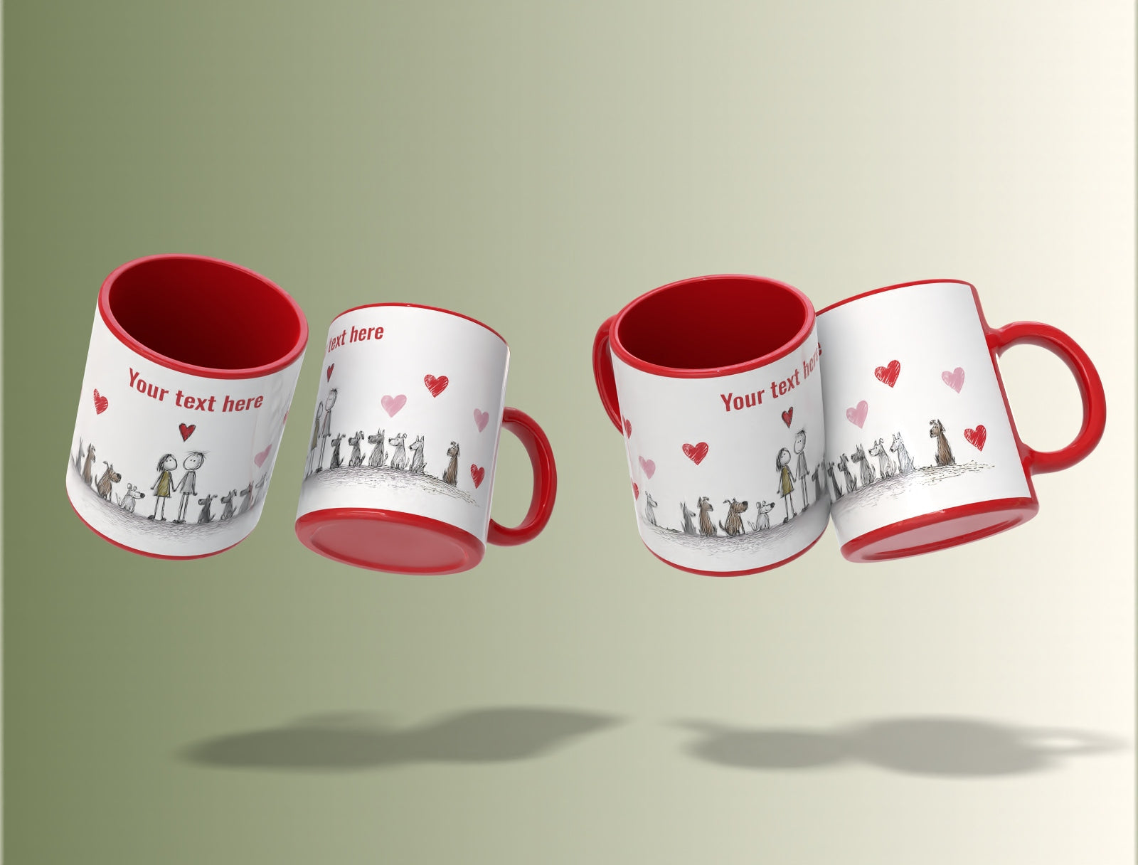 Two red and white mugs with printed designs on a light green background