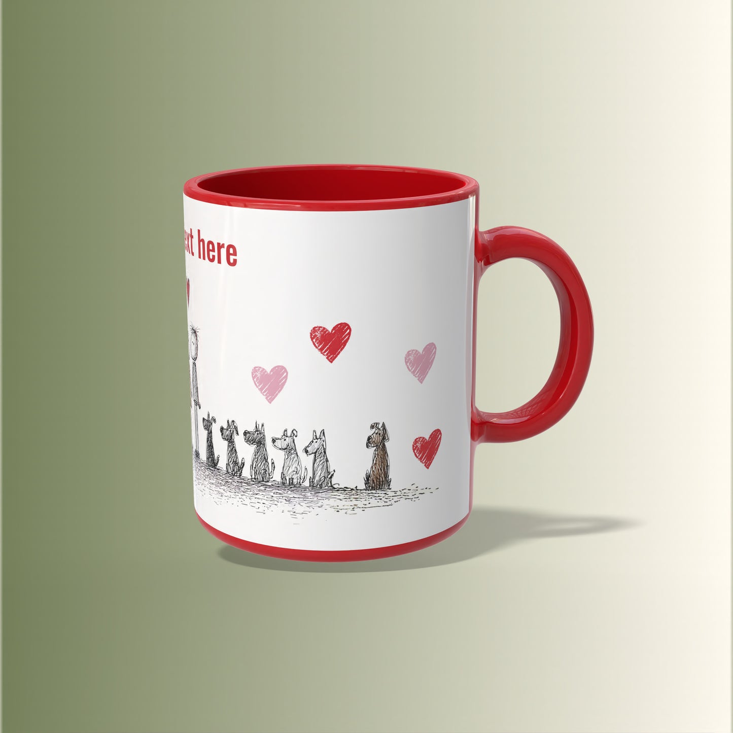 Mug with red interior and handle, featuring illustrations and hearts on a light green background