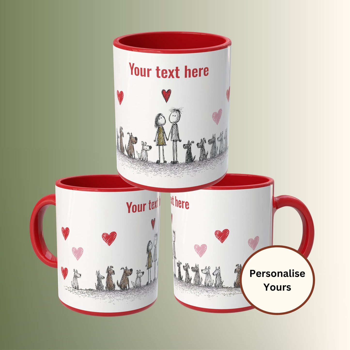 Three mugs with red interiors and handles, featuring illustrations and text on a light green background.