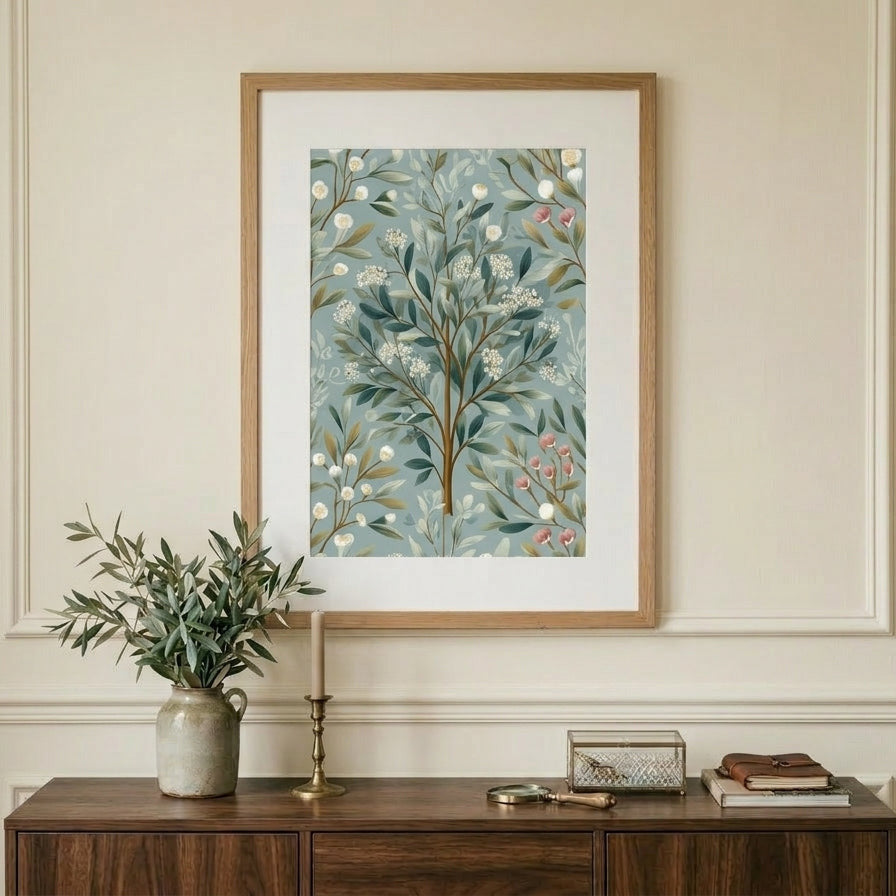 Framed botanical art on a wall above a wooden console table with decorative items.