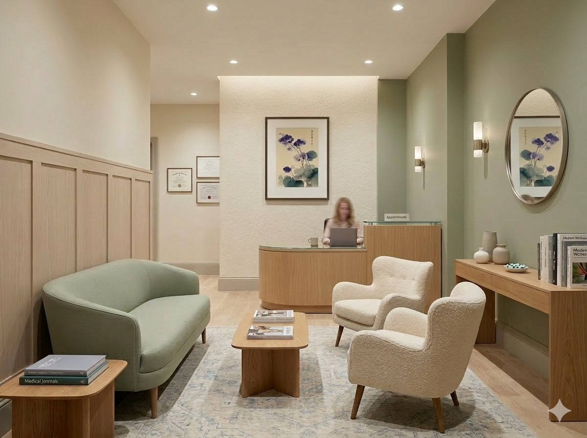 Modern waiting room with green sofa, beige armchairs, and a reception desk.