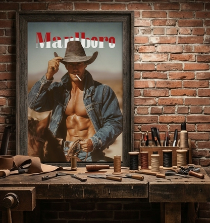 Vintage marlboro man smoking a cigarette riding a horse with open shirt exposing muscular body. Red and white Marlboro logo at top.