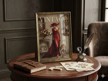 Vintage 1950s fashion magazine cover poster featuring a glamorous woman in an off-shoulder red satin gown and wide-brim hat walking beside a cheetah in an Italian villa. Vintage-style photo frame with a woman in a red dress on a wooden table with decorative items.