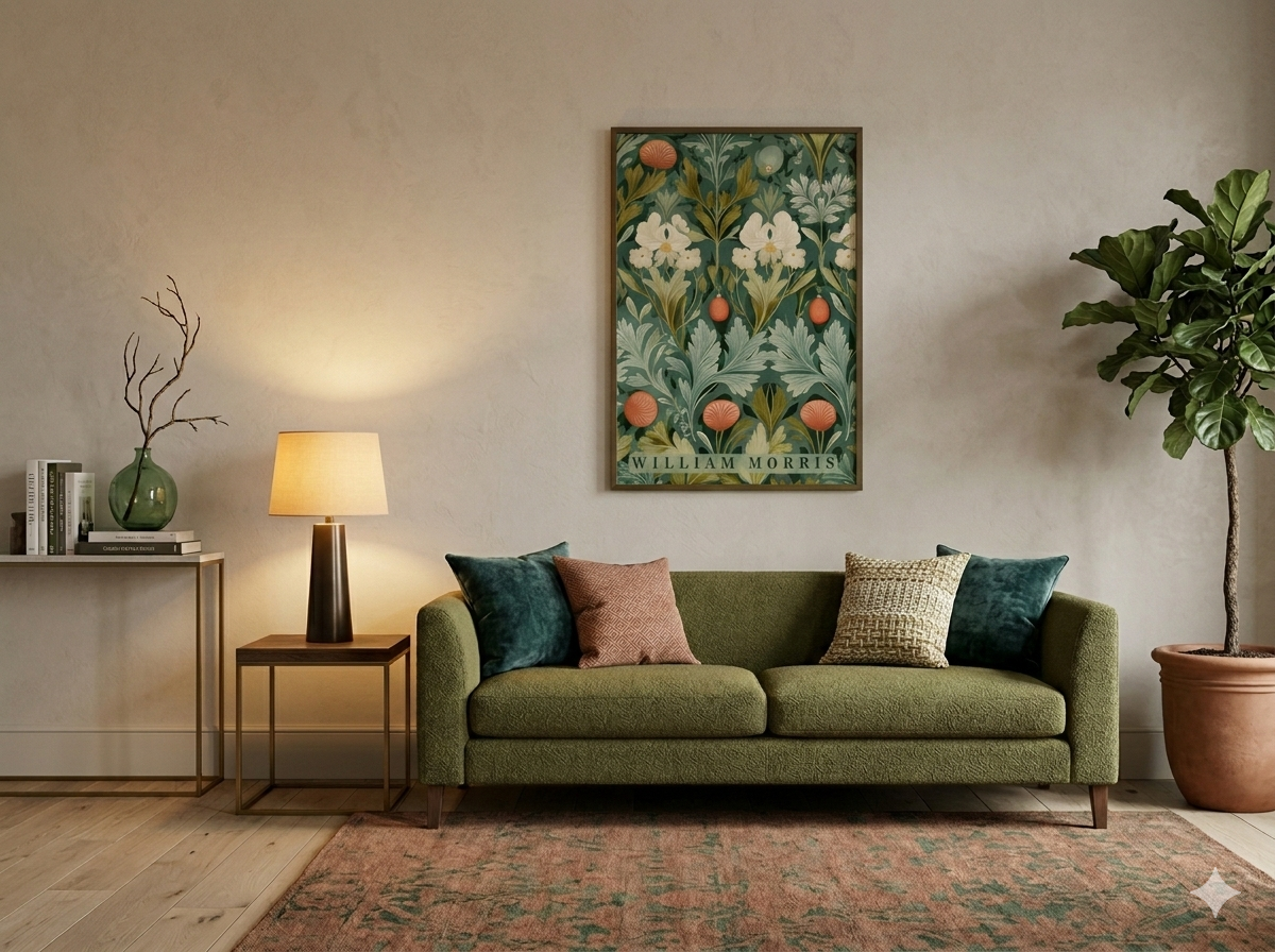 Living room with a green sofa, decorative pillows, and a william morris floral painting on the wall.