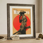 Vintage musclular marlboro stud man smoking a cigarette holding a gun, shirtless, muscle chest and arms. White Marlboro logo.