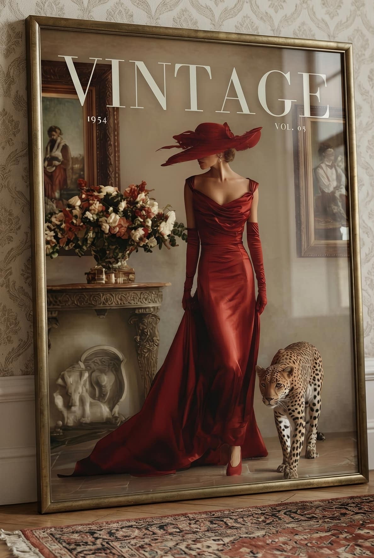 Woman in a red vintage dress with a framed magazine cover and room . Vintage 1950s fashion magazine cover poster featuring a glamorous woman in an off-shoulder red satin gown and wide-brim hat walking beside a cheetah in an Italian villa.decor.