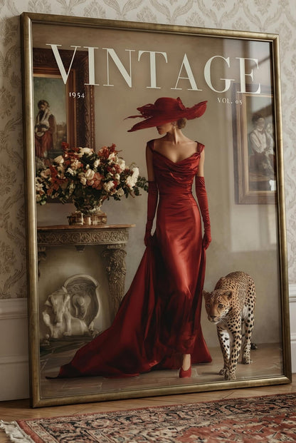 Woman in a red vintage dress with a framed magazine cover and room . Vintage 1950s fashion magazine cover poster featuring a glamorous woman in an off-shoulder red satin gown and wide-brim hat walking beside a cheetah in an Italian villa.decor.
