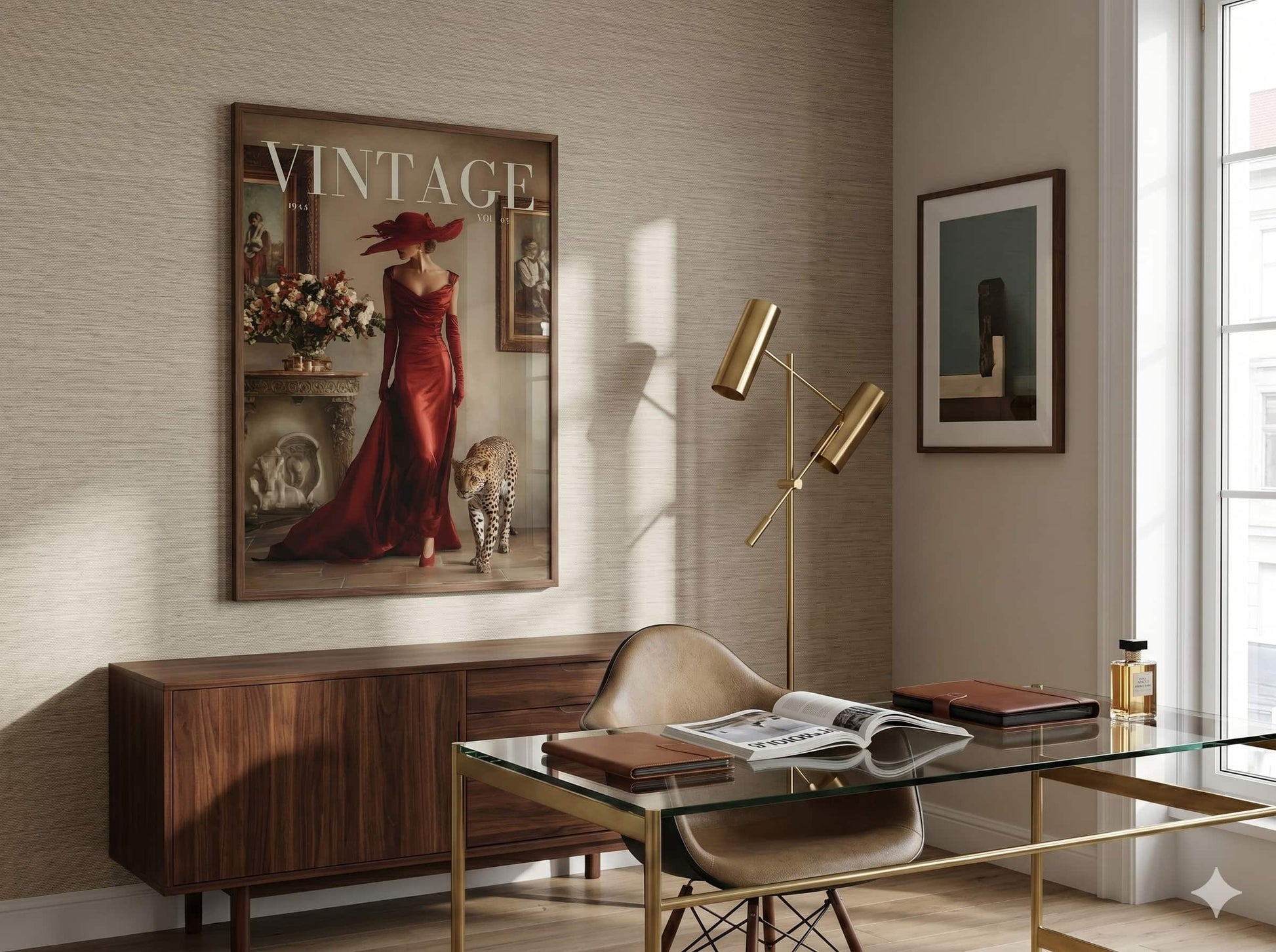 Modern interior with a glass desk, wooden sideboard, and wall art. Vintage 1950s fashion magazine cover poster featuring a glamorous woman in an off-shoulder red satin gown and wide-brim hat walking beside a cheetah in an Italian villa.