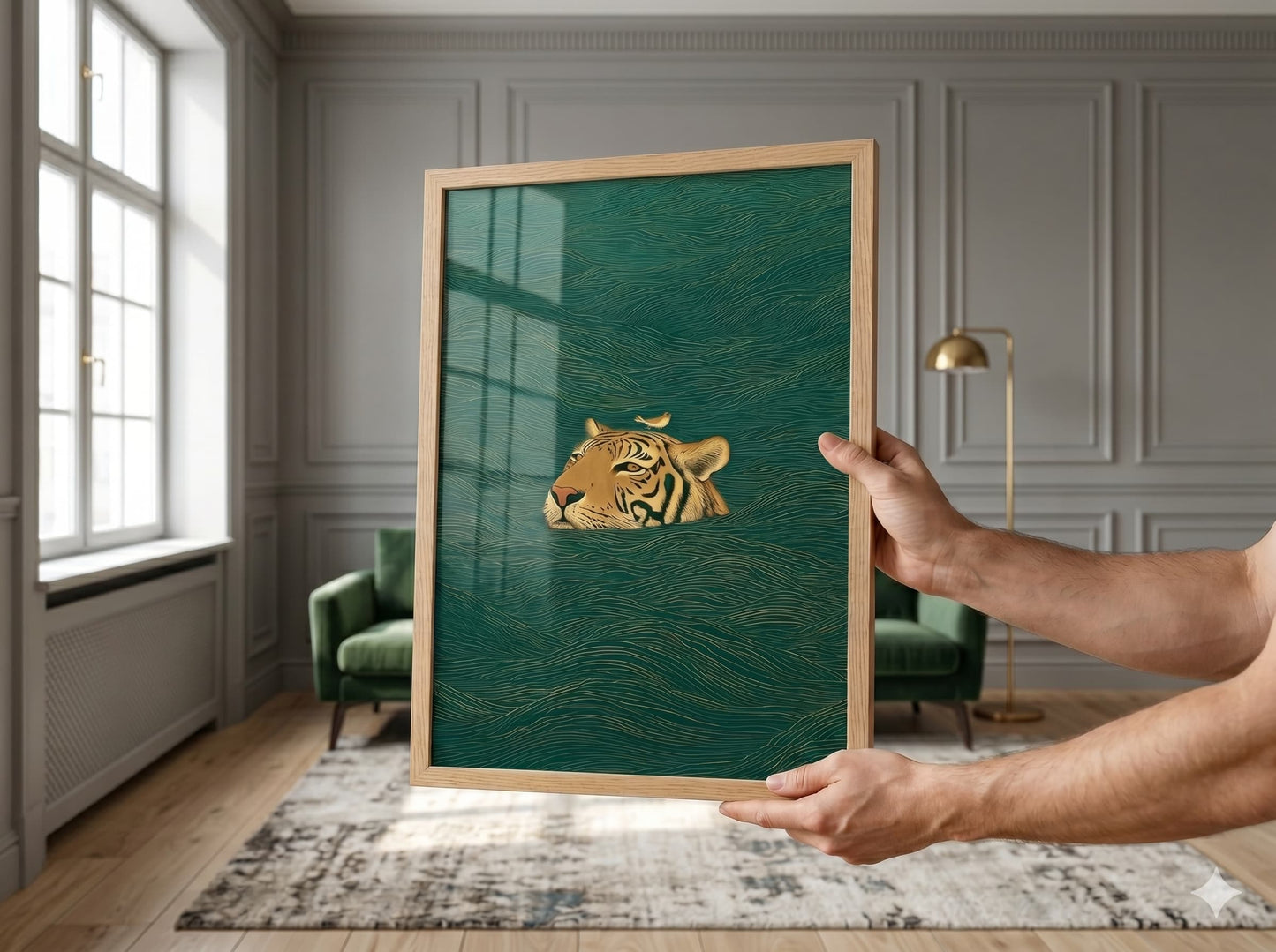 Japanese Swimming Tiger & Bird Art Poster