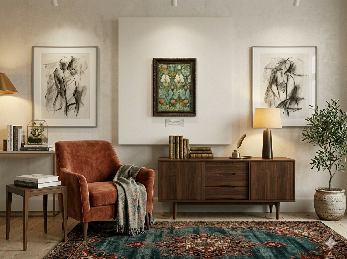 Living room with brown armchair, wooden sideboard, and william morris framed artwork on a white wall.