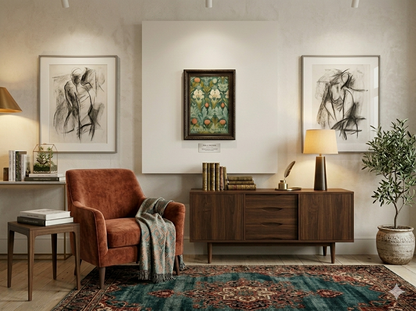 Living room with brown armchair, wooden sideboard, and william morris framed artwork on a white wall.