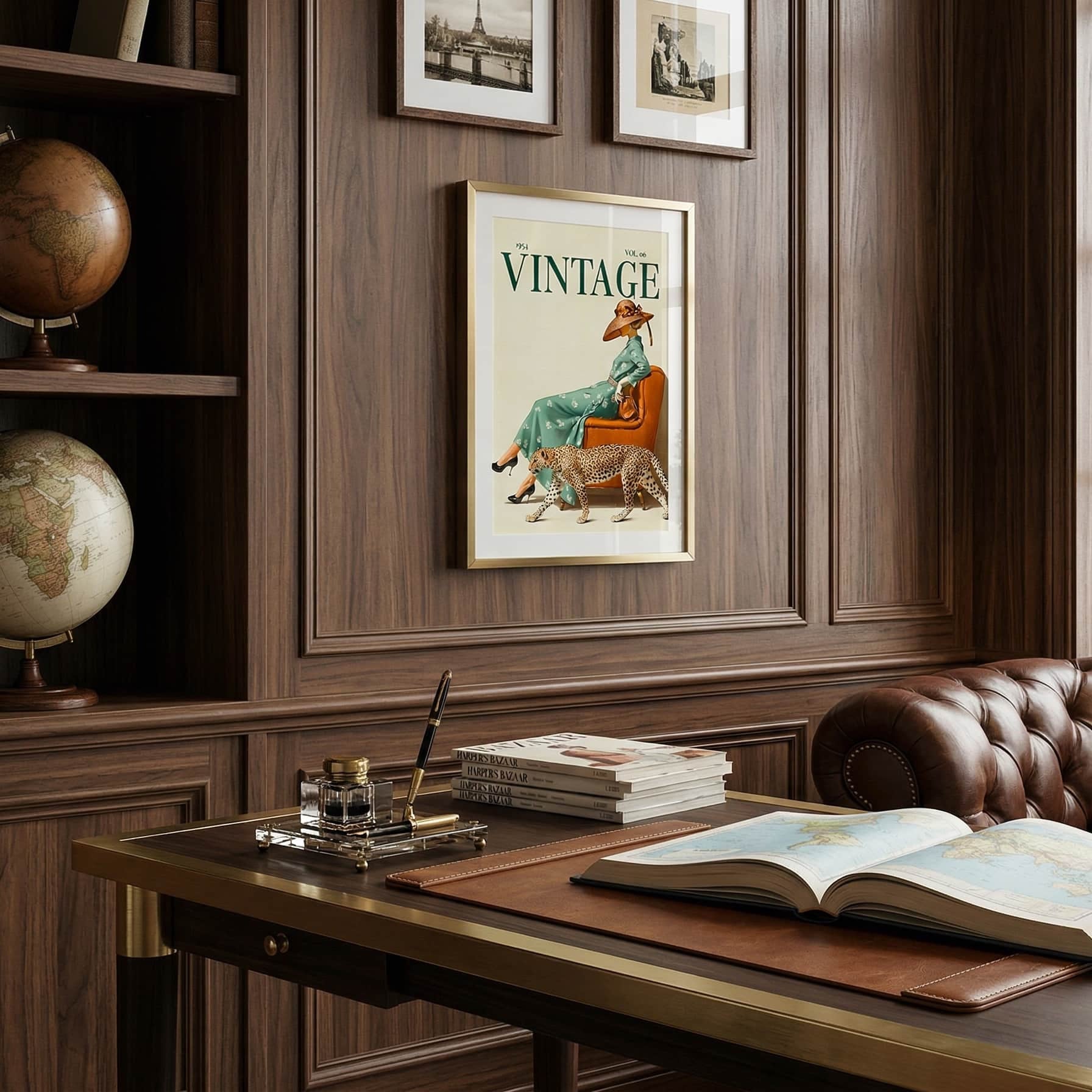 Vintage office with wooden bookshelf, globe, and framed poster on a wall. 1950s vintage magazine cover poster featuring a woman in a sage green floral dress and wide-brimmed hat seated on a burnt orange leather chair, with a cheetah walking alongside her, forest green VINTAGE typography on cream background