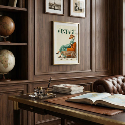 Vintage office with wooden bookshelf, globe, and framed poster on a wall. 1950s vintage magazine cover poster featuring a woman in a sage green floral dress and wide-brimmed hat seated on a burnt orange leather chair, with a cheetah walking alongside her, forest green VINTAGE typography on cream background