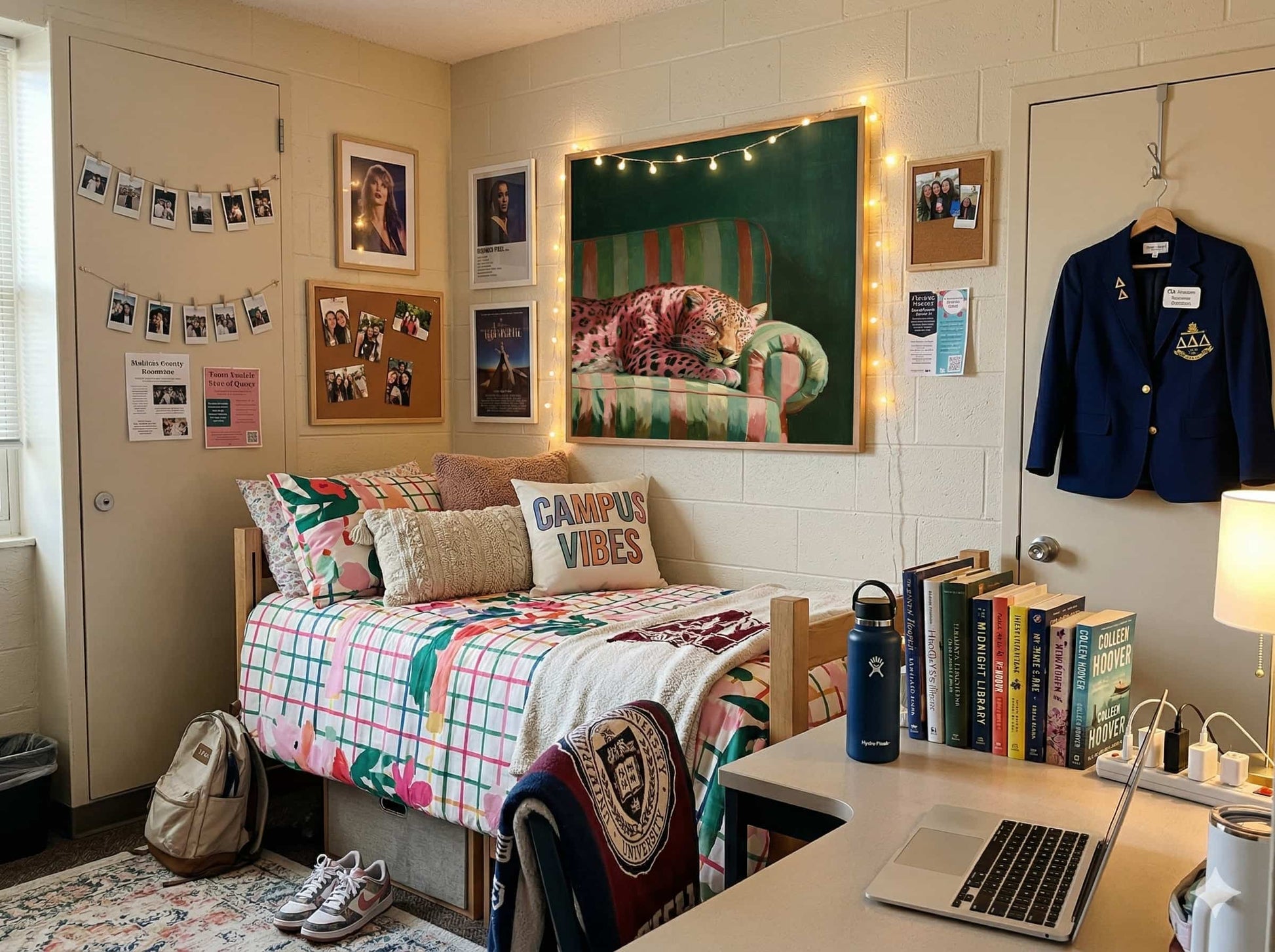 Dorm room with bed, desk, and wall decorations and a framed poster of aSleepy pink leopard resting on a retro striped green chair dark green background maximalist decor wall art