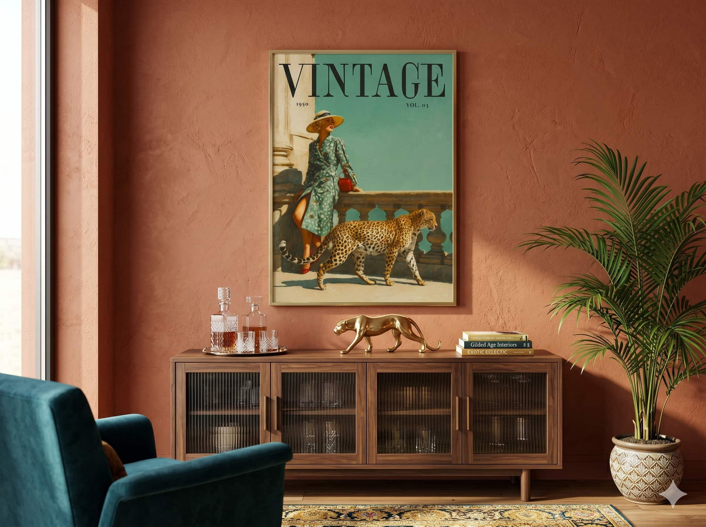 A magazine cover called "VINTAGE" with a woman in a teal floral dress leaning against a stone wall with a large brimmed hat on a sunny day, bright red lipstick, teal background, european arhitecture feeling, a cheetah or leopard walking by her.