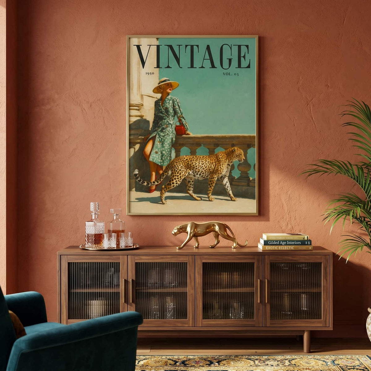 A magazine cover called "VINTAGE" with a woman in a teal floral dress leaning against a stone wall with a large brimmed hat on a sunny day, bright red lipstick, teal background, european arhitecture feeling, a cheetah or leopard walking by her.