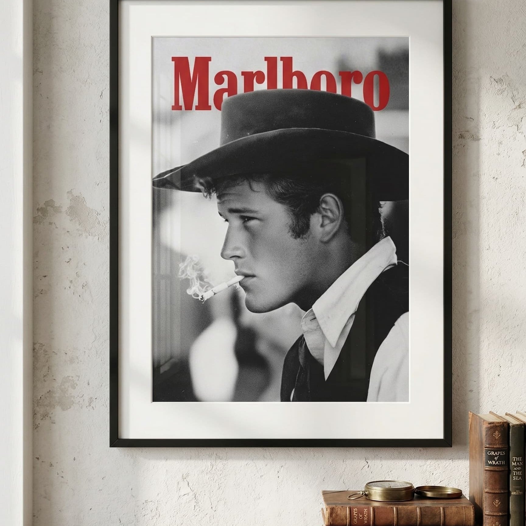 Vintage Cowboy Marlboro poster black and white retro wall art print featuring a cowboy smoking for man cave and americana decor