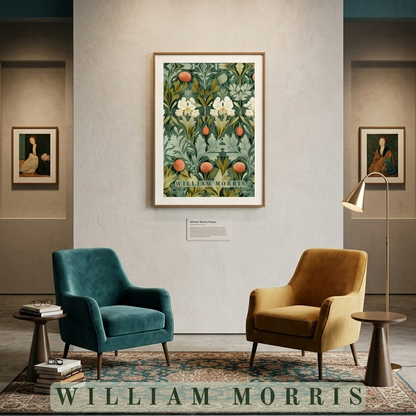 Two armchairs in a room with a large framed artwork on the wall, featuring the name 'William Morris'.