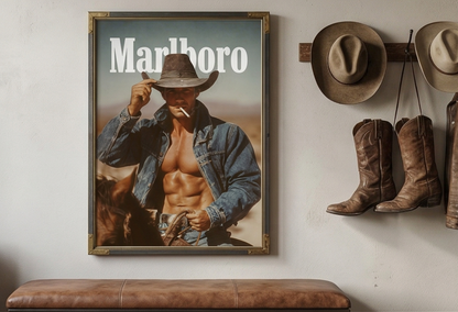 Vintage marlboro man smoking a cigarette riding a horse with open shirt exposing muscular body. White Marlboro logo at top.