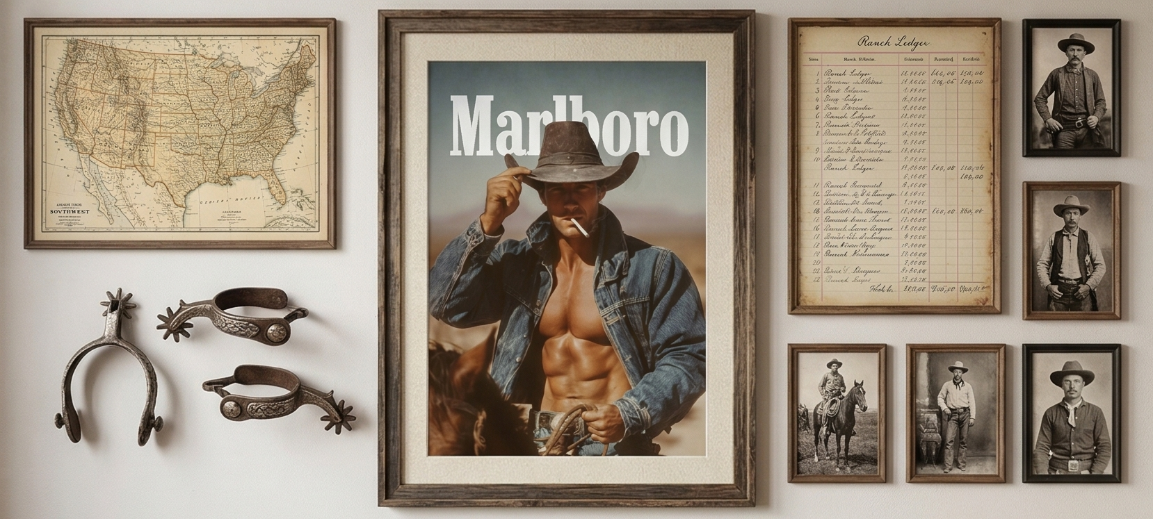 Vintage marlboro man smoking a cigarette riding a horse with open shirt exposing muscular body. White Marlboro logo at top.
