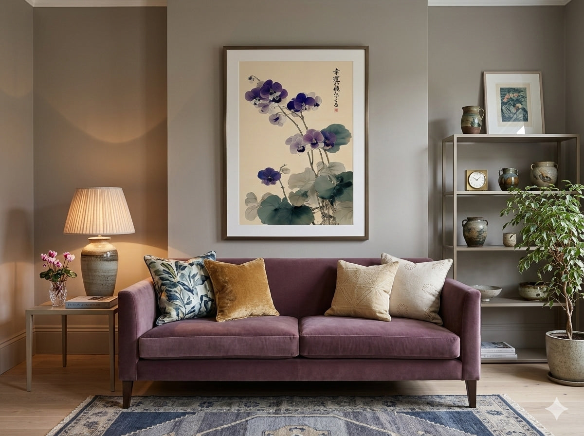 Living room with a purple sofa, floral painting, and decorative items.