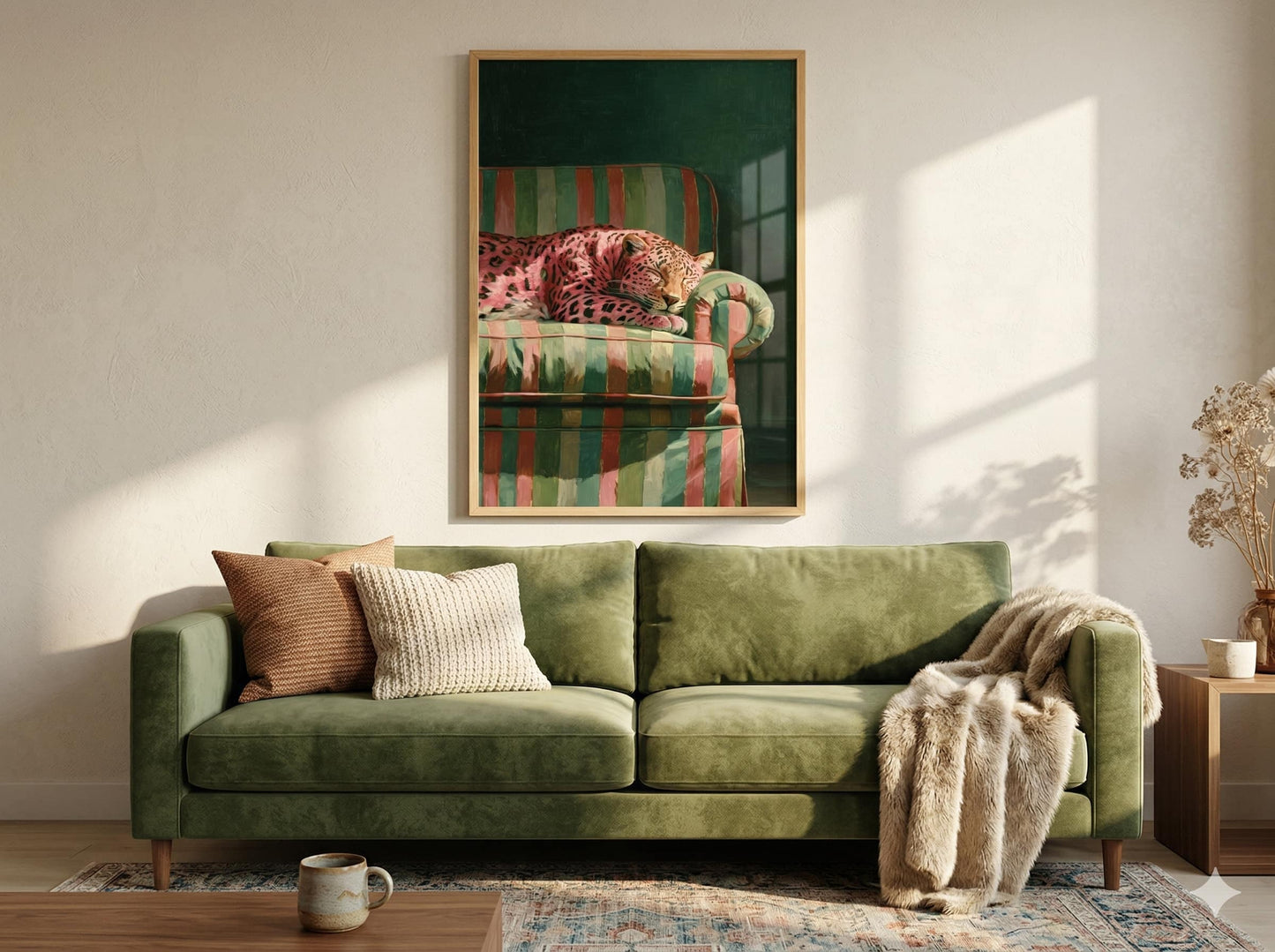 Green sofa with decorative pillows and a framed picture of a striped armchair on the wall and a framed poster of a Sleepy pink leopard resting on a retro striped green chair dark green background maximalist decor wall art