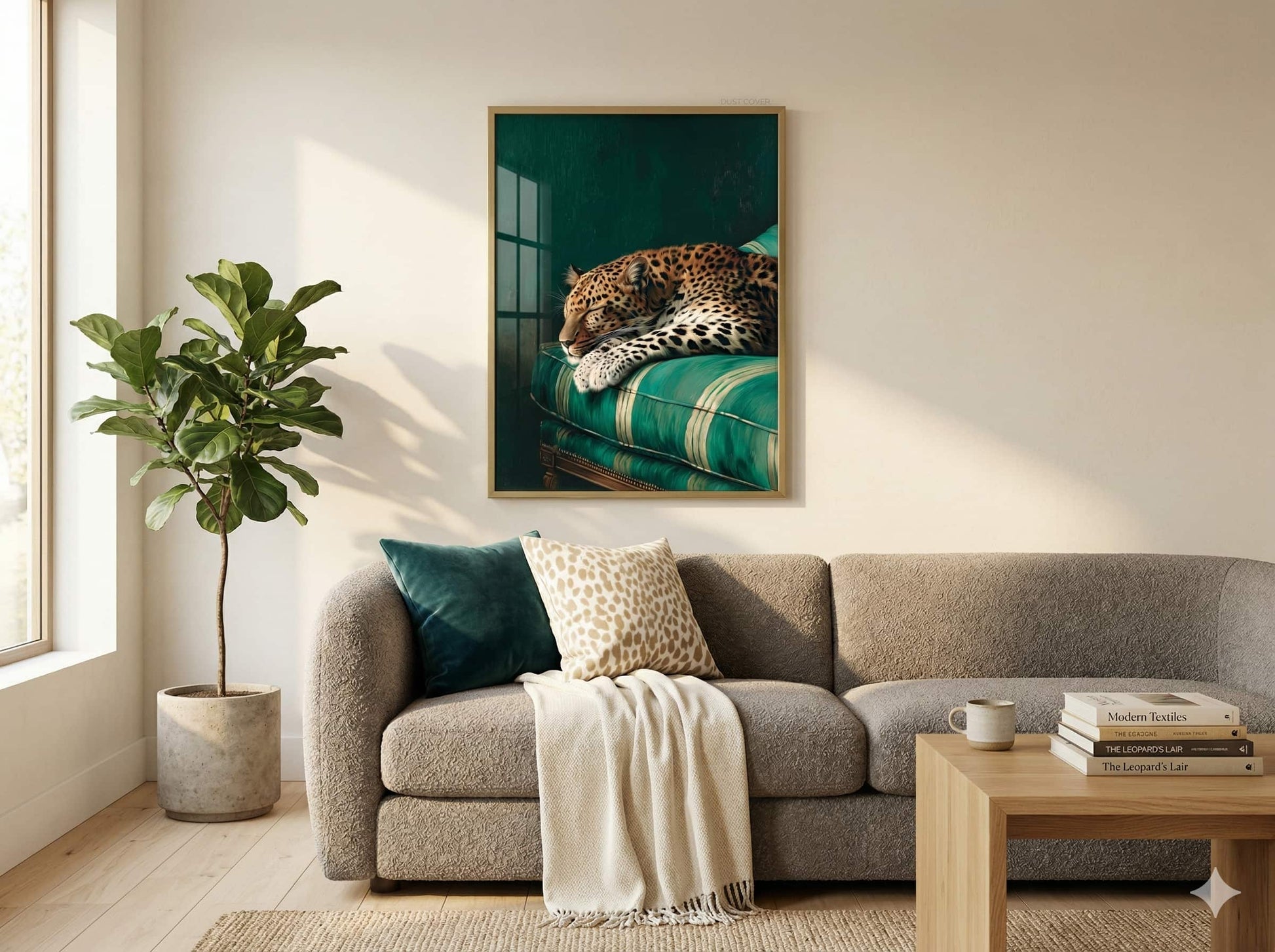 Living room with a gray sofa, decorative pillows, a plant, and a framed picture of a leopard and a framed oil painting of a peaceful sleeping leopard on a retro green striped couch against a dark moody green background for maximalist apartment decor
