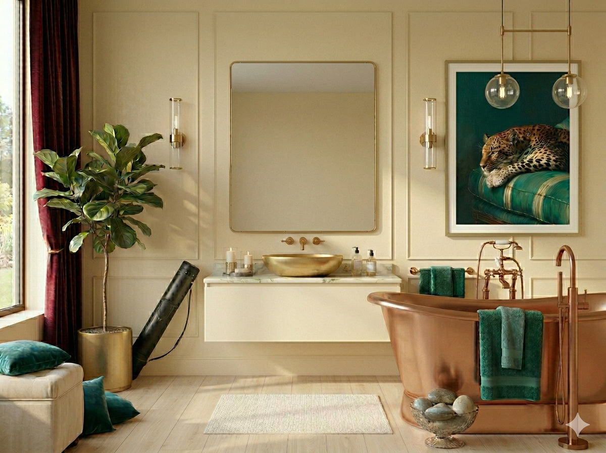 Modern bathroom with copper bathtub, mirror, and decorative elements and a framed oil painting of a peaceful sleeping leopard on a retro green striped couch against a dark moody green background for maximalist apartment decor