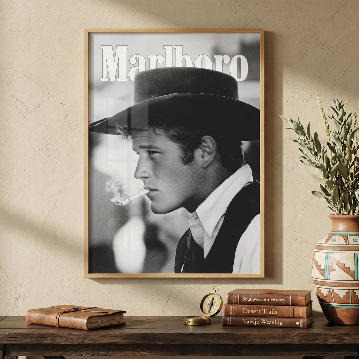 Vintage Cowboy Marlboro poster black and white retro wall art print featuring a cowboy smoking for man cave and americana decor