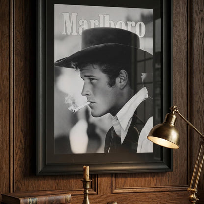 Vintage Cowboy Marlboro poster black and white retro wall art print featuring a cowboy smoking for man cave and americana decor
