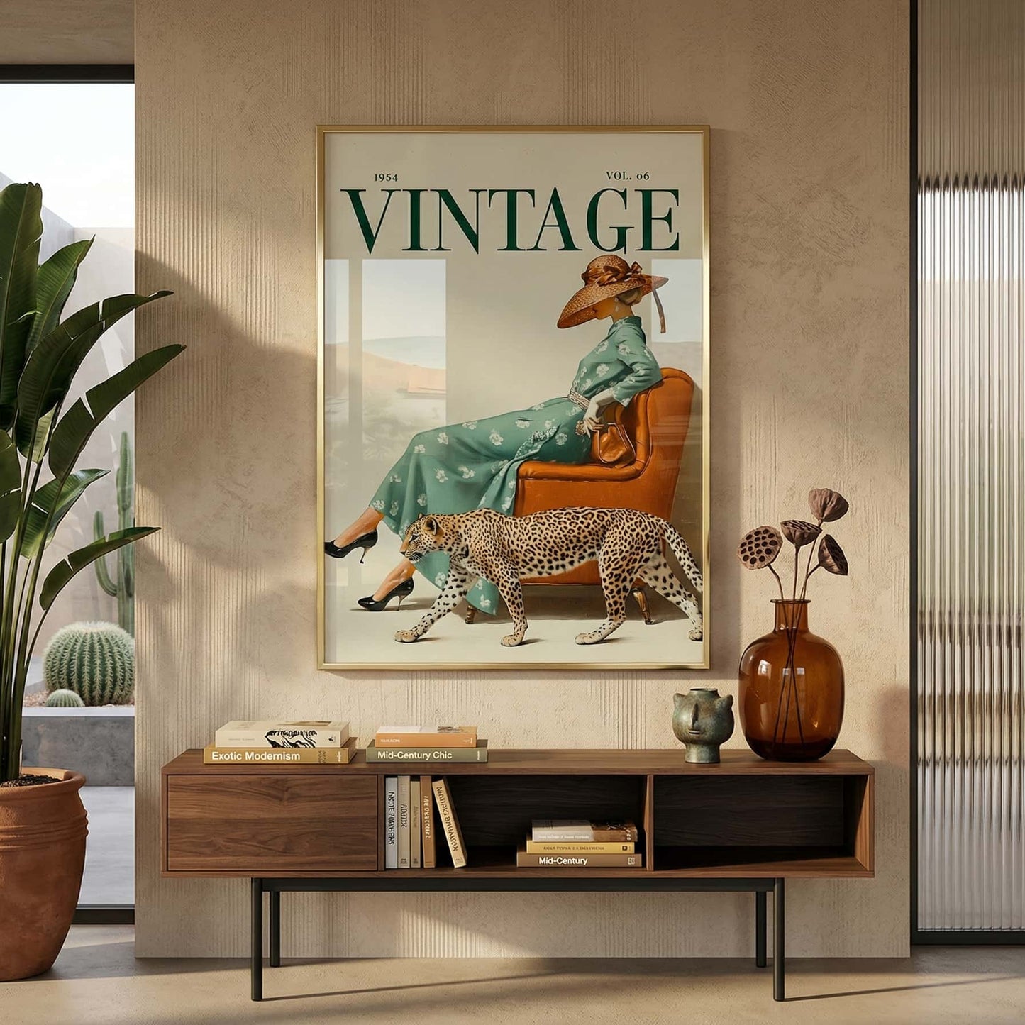 Decorative interior scene with a 'Vintage' poster, plant, and vase. 1950s vintage magazine cover poster featuring a woman in a sage green floral dress and wide-brimmed hat seated on a burnt orange leather chair, with a cheetah walking alongside her, forest green VINTAGE typography on cream background
