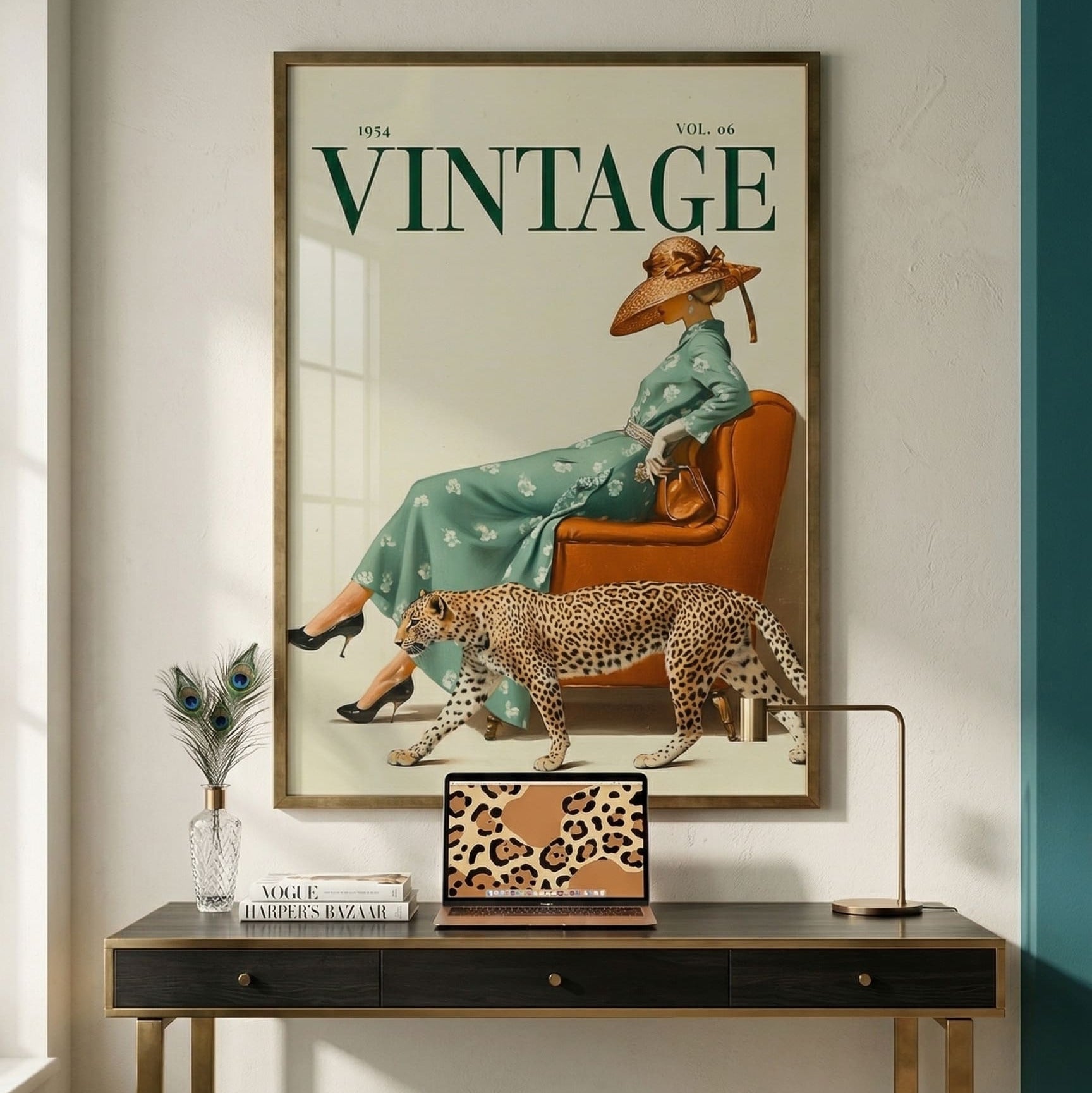 Decorative interior with a framed vintage-style poster of a woman with a leopard on a table. 1950s vintage magazine cover poster featuring a woman in a sage green floral dress and wide-brimmed hat seated on a burnt orange leather chair, with a cheetah walking alongside her, forest green VINTAGE typography on cream background