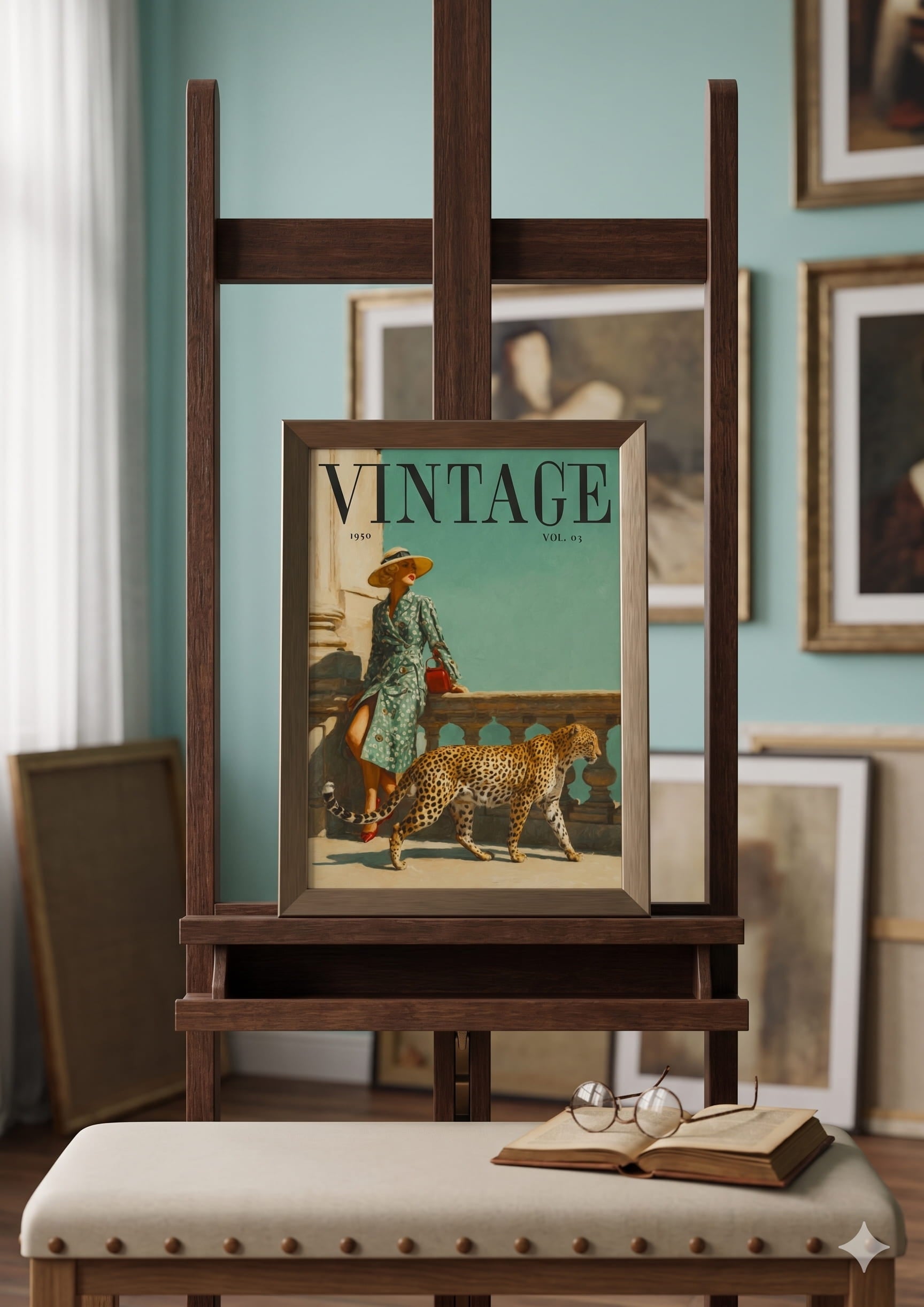 A magazine cover called "VINTAGE" with a woman in a teal floral dress leaning against a stone wall with a large brimmed hat on a sunny day, bright red lipstick, teal background, european arhitecture feeling, a cheetah or leopard walking by her.