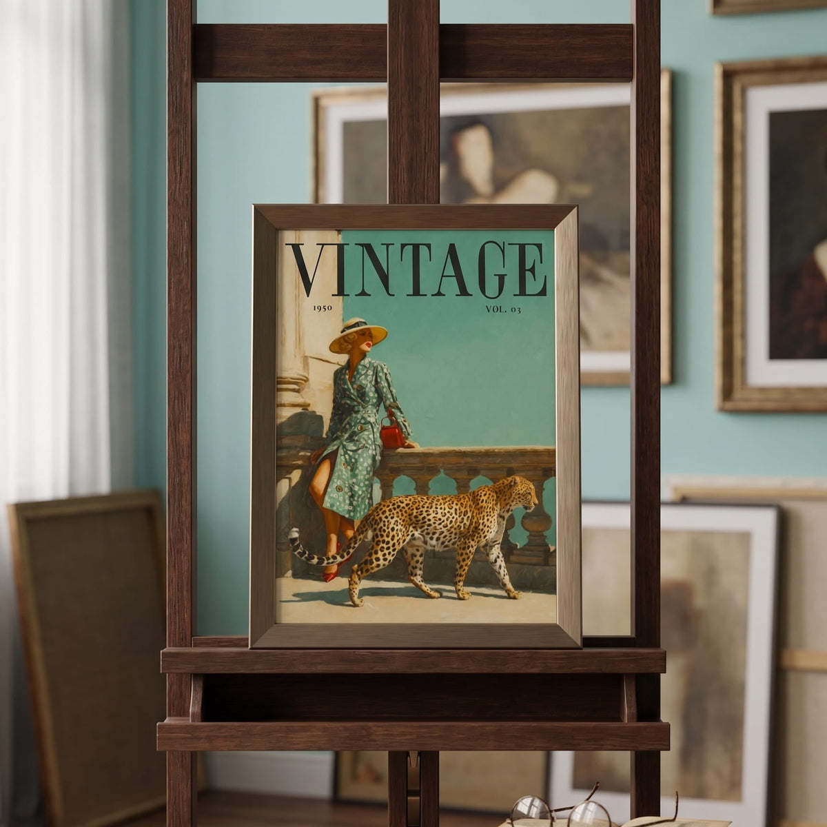 A magazine cover called "VINTAGE" with a woman in a teal floral dress leaning against a stone wall with a large brimmed hat on a sunny day, bright red lipstick, teal background, european arhitecture feeling, a cheetah or leopard walking by her.