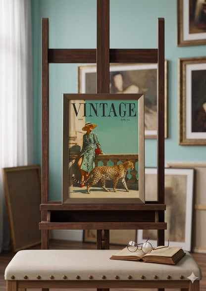 A magazine cover called "VINTAGE" with a woman in a teal floral dress leaning against a stone wall with a large brimmed hat on a sunny day, bright red lipstick, teal background, european arhitecture feeling, a cheetah or leopard walking by her.