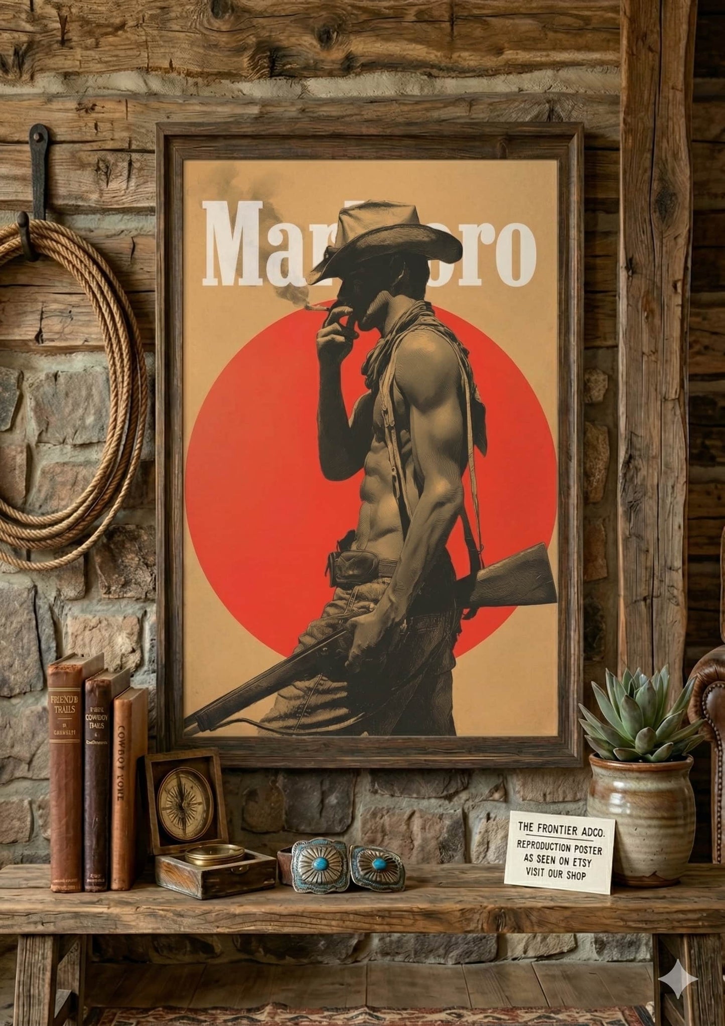 Vintage musclular marlboro stud man smoking a cigarette holding a gun, shirtless, muscle chest and arms. White Marlboro logo.