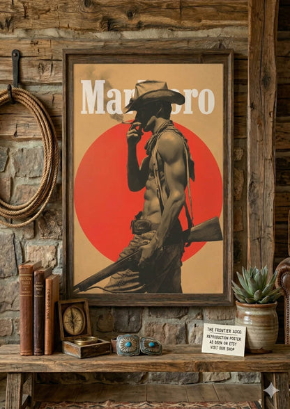 Vintage musclular marlboro stud man smoking a cigarette holding a gun, shirtless, muscle chest and arms. White Marlboro logo.