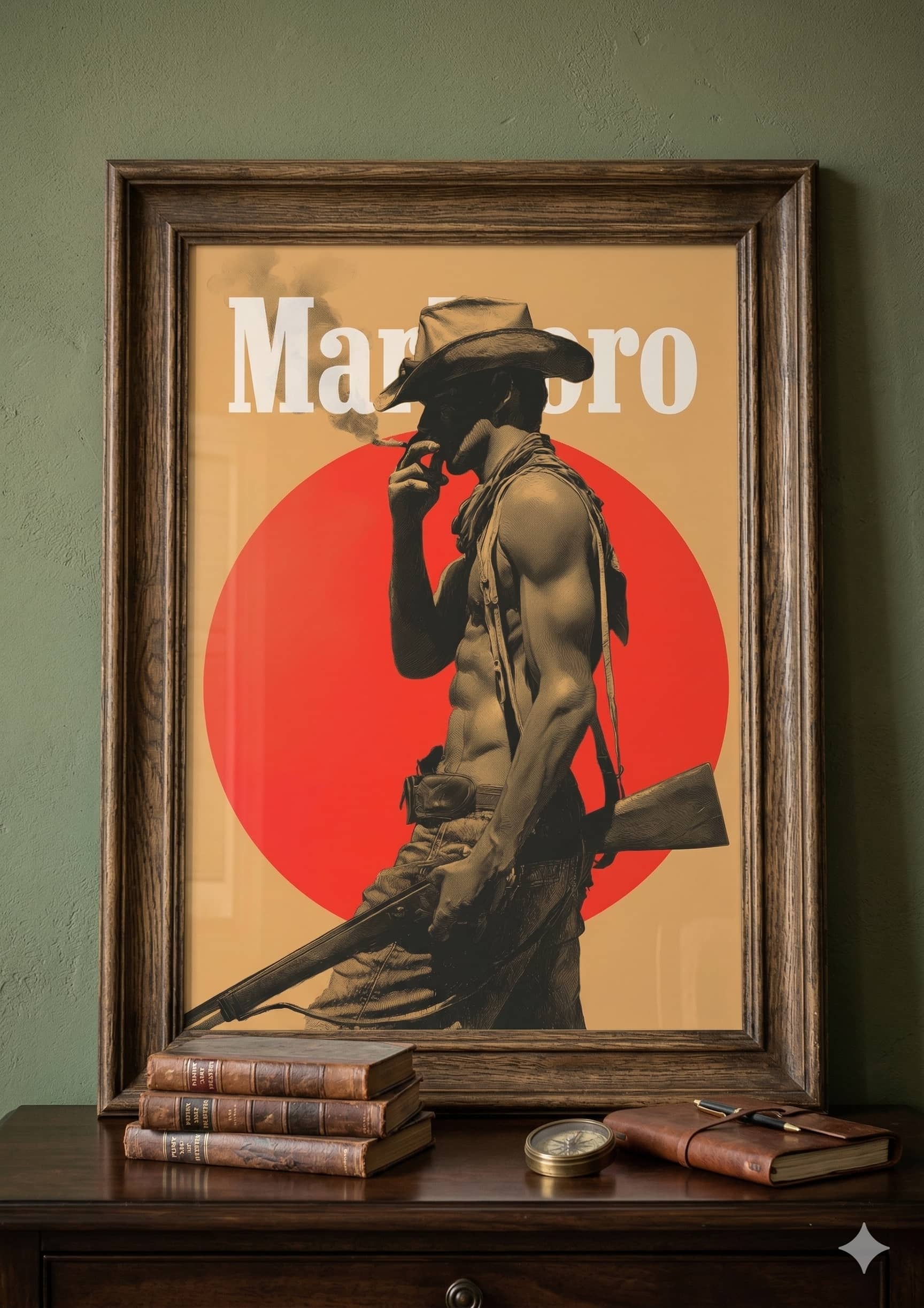 Vintage musclular marlboro stud man smoking a cigarette holding a gun, shirtless, muscle chest and arms. White Marlboro logo.