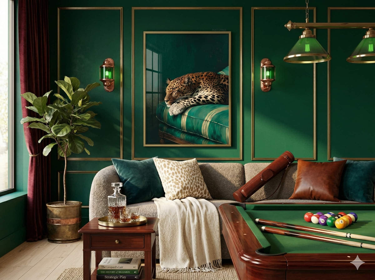 Luxury living room with green walls, a sofa, and a pool table and a framed oil painting of a peaceful sleeping leopard on a retro green striped couch against a dark moody green background for maximalist apartment decor