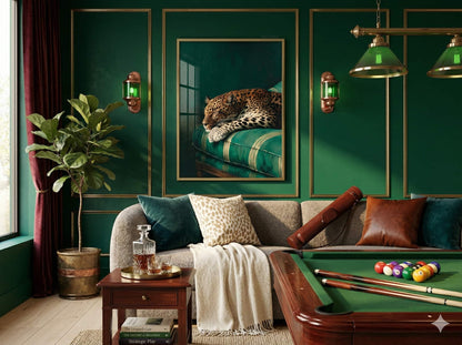 Luxury living room with green walls, a sofa, and a pool table and a framed oil painting of a peaceful sleeping leopard on a retro green striped couch against a dark moody green background for maximalist apartment decor