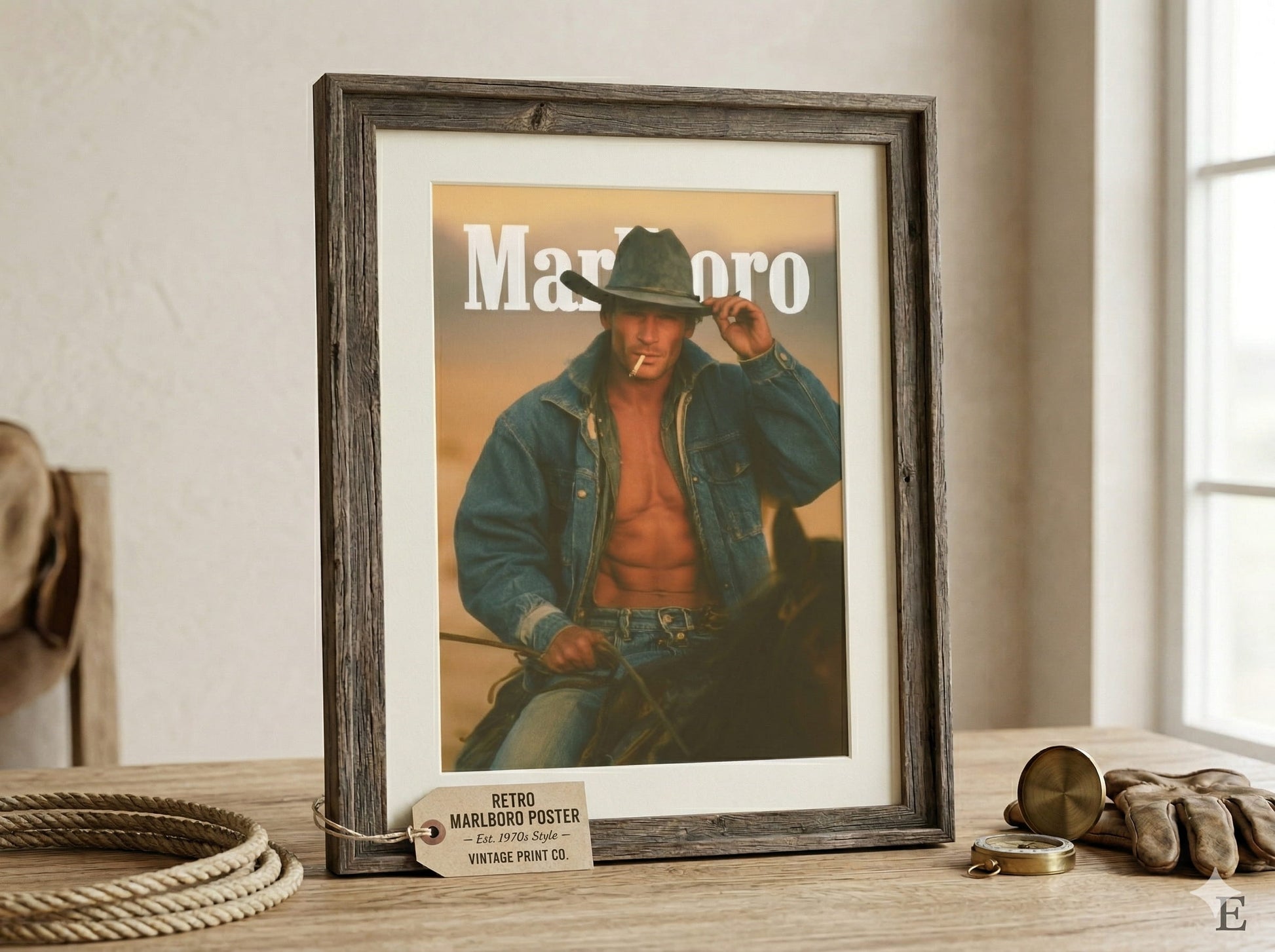Vintage marlboro man smoking a cigarette riding a horse with open shirt exposing muscular body. White Marlboro logo at top.