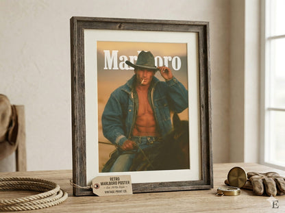 Vintage marlboro man smoking a cigarette riding a horse with open shirt exposing muscular body. White Marlboro logo at top.