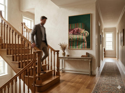 Man in a suit walking up a wooden staircase in a well-lit hallway with a painting on the wall and a poster of a Sleepy pink leopard resting on a retro striped green chair dark green background maximalist decor wall art