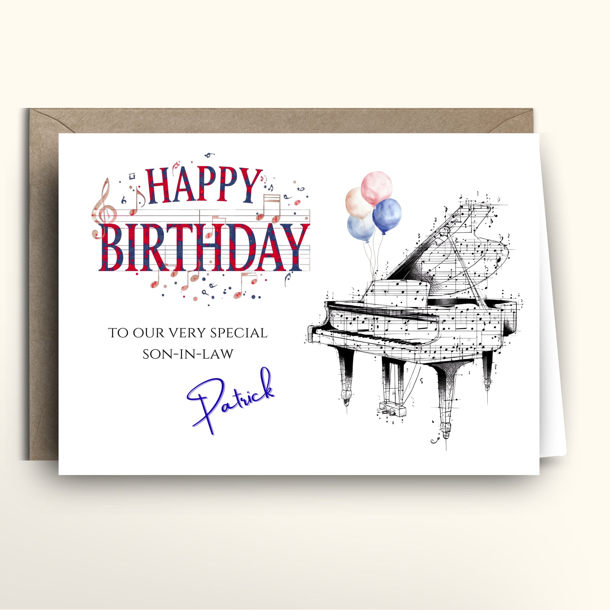 Birthday card for a son-in-law with a piano illustration and personalized text.