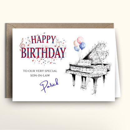 Birthday card for a son-in-law with a piano illustration and personalized text.
