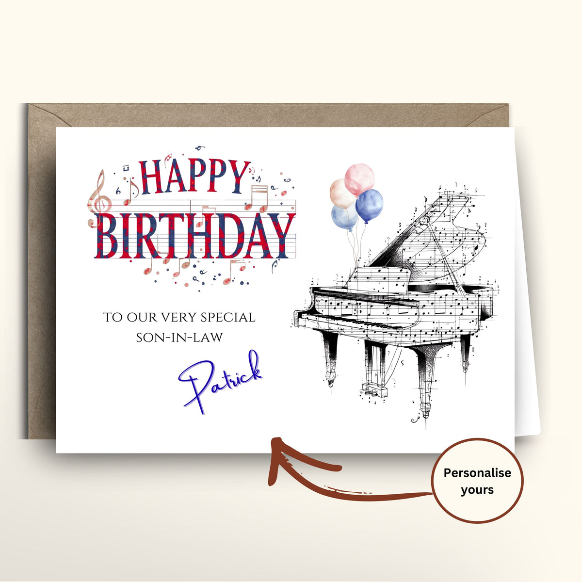 Birthday card for a very special son-in-law with a piano design and personalized text.